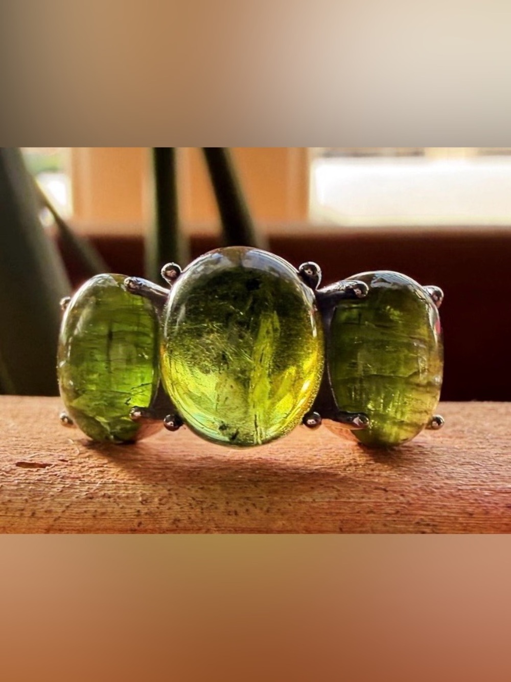 New Handmade Green Tourmaline Gumdrop 3 Stone Ring .925 Sterling Silver